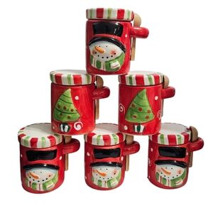 NWOT 6 Miniture Ceramic Snowmen & Christmas Tree Canisters  With Wooden Spoon